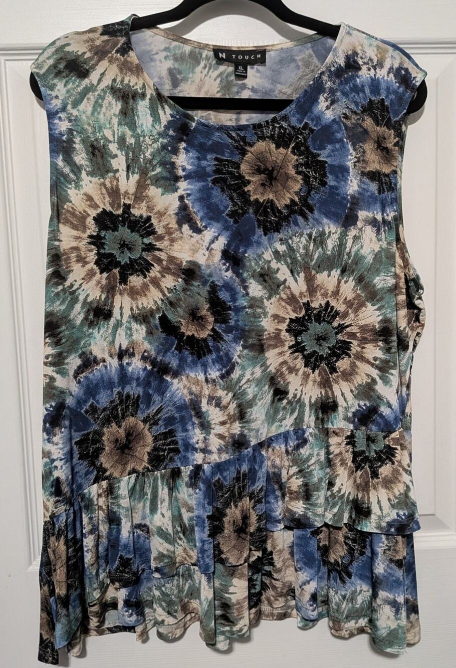 N Touch Blue Green Tie Dye Kaleidoscope Asymmetric Ruffle Hem Blouse XL